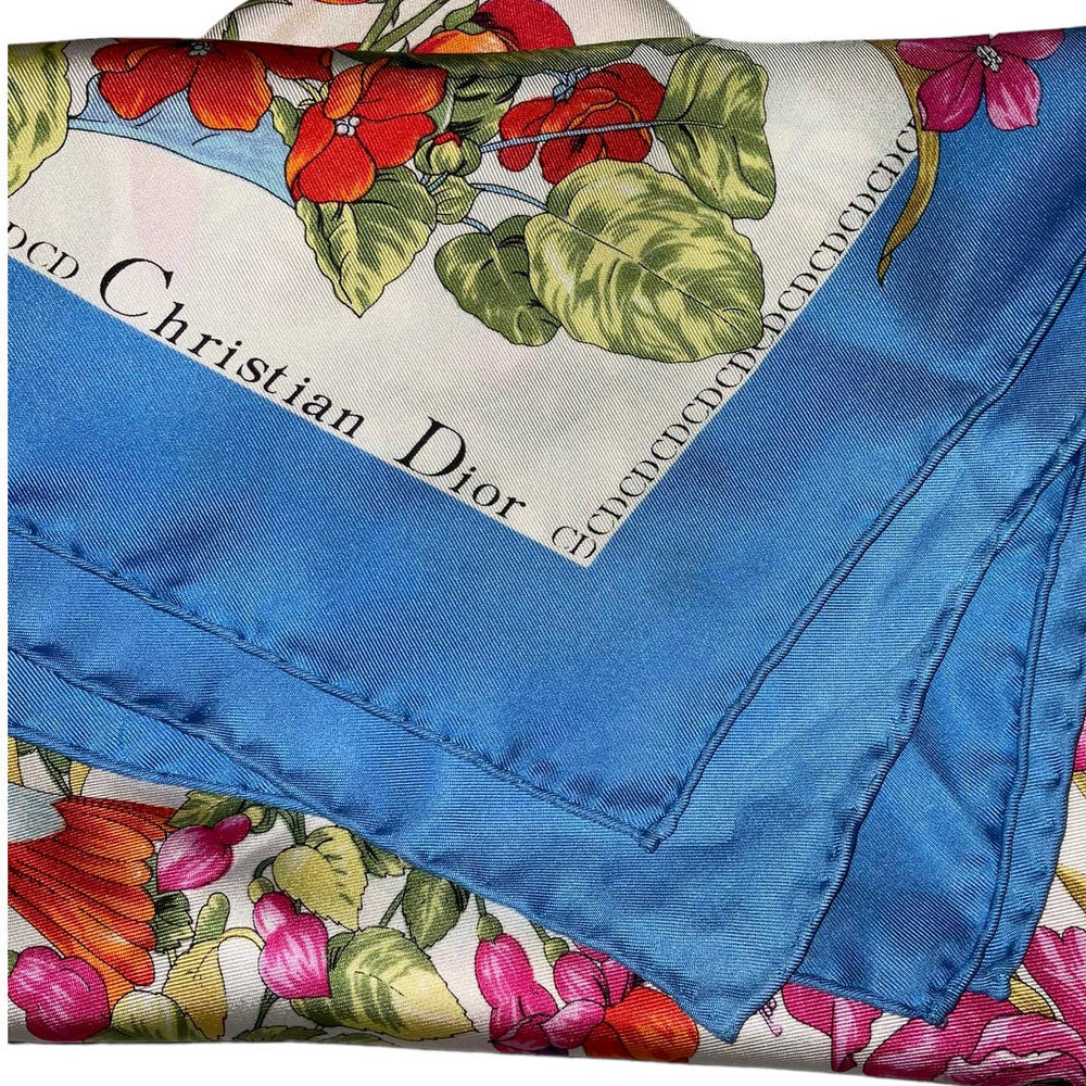 Christian Dior 32” Square 100% Silk Scarf Blue Multicolored Birds & Floral Print - Picture 7 of 16